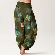 Buddha Stones Cotton Various Colors Chrysanthemum Pattern Women's Elastic Waist Harem Pants - image 9