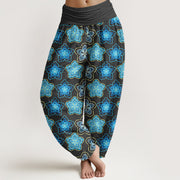 Buddha Stones Cotton Regular Layout Of Five-petal Flower Pattern Women's Elastic Waist Harem Pants - Black - US16，UK/AU20，EU48 (3XL) - image 5