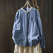 Buddha Stones Spring Fall Lace Collar Button Down Long Sleeve Women's Cotton Shirt - LightSkyBlue - US6，UK/AU10，EU38 (L) - image 0