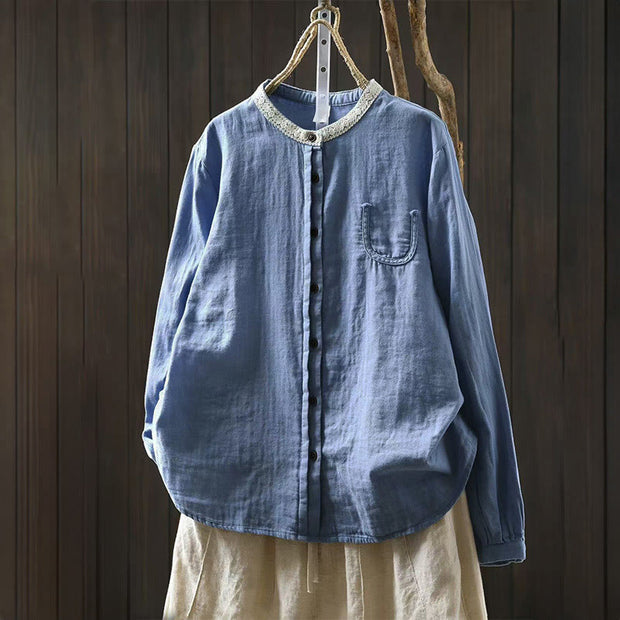 Buddha Stones Spring Fall Lace Collar Button Down Long Sleeve Women's Cotton Shirt - LightSkyBlue - US6，UK/AU10，EU38 (L) - image 0