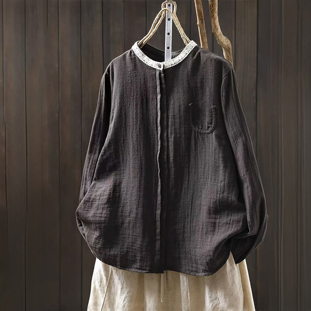 Buddha Stones Spring Fall Lace Collar Button Down Long Sleeve Women's Cotton Shirt - DimGray - US6，UK/AU10，EU38 (L) - image 16