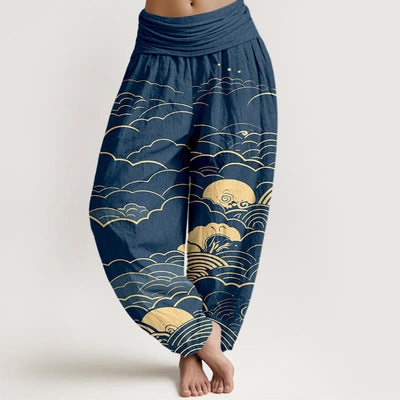Buddha Stones Cotton Classical Clouds Spiral Pattern Women's Elastic Waist Harem Pants - Navy - US16，UK/AU20，EU48 (3XL) - image 0