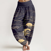 Buddha Stones Cotton Classical Clouds Spiral Pattern Women's Elastic Waist Harem Pants - MidnightBlue - US16，UK/AU20，EU48 (3XL) - image 5