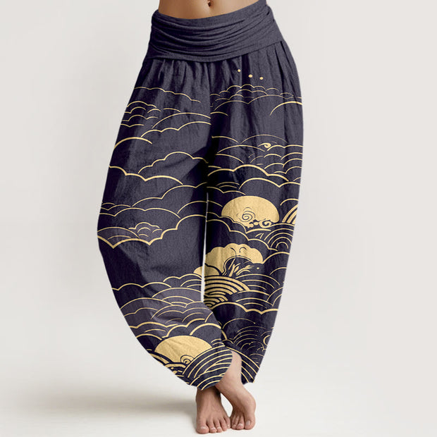 Buddha Stones Cotton Classical Clouds Spiral Pattern Women's Elastic Waist Harem Pants - MidnightBlue - US16，UK/AU20，EU48 (3XL) - image 5