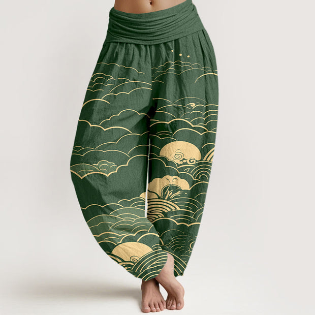 Buddha Stones Cotton Classical Clouds Spiral Pattern Women's Elastic Waist Harem Pants - Green - US16，UK/AU20，EU48 (3XL) - image 8