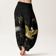 Buddha Stones Cotton Crane Lotus Mountain Pavilion Pattern Women's Elastic Waist Harem Pants - image 1