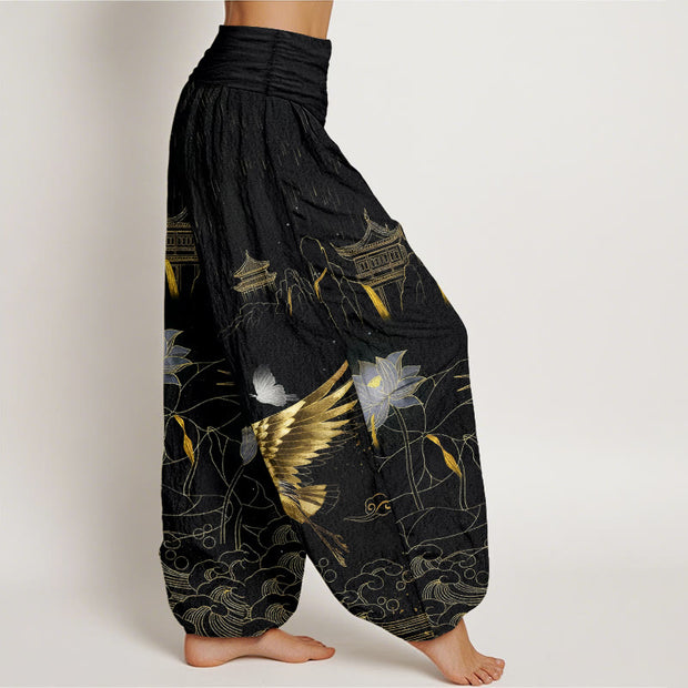 Buddha Stones Cotton Crane Lotus Mountain Pavilion Pattern Women's Elastic Waist Harem Pants - image 2
