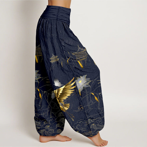 Buddha Stones Cotton Crane Lotus Mountain Pavilion Pattern Women's Elastic Waist Harem Pants - image 7