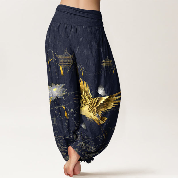 Buddha Stones Cotton Crane Lotus Mountain Pavilion Pattern Women's Elastic Waist Harem Pants - image 6