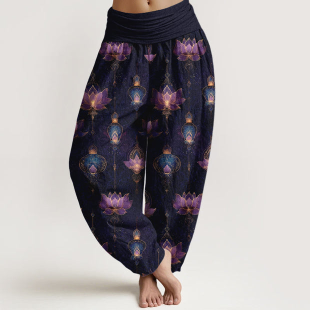 Buddha Stones Cotton Gorgeous Lotus Lantern Pattern Women's Elastic Waist Harem Pants - Indigo - US16，UK/AU20，EU48 (3XL) - image 0