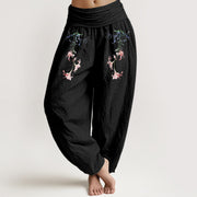 Buddha Stones Pure Cotton Simple Pastel Flower Pattern Women's Elastic Waist Harem Pants - Black - US16，UK/AU20，EU48 (3XL) - image 0