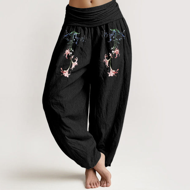 Buddha Stones Pure Cotton Simple Pastel Flower Pattern Women's Elastic Waist Harem Pants - Black - US16，UK/AU20，EU48 (3XL) - image 0