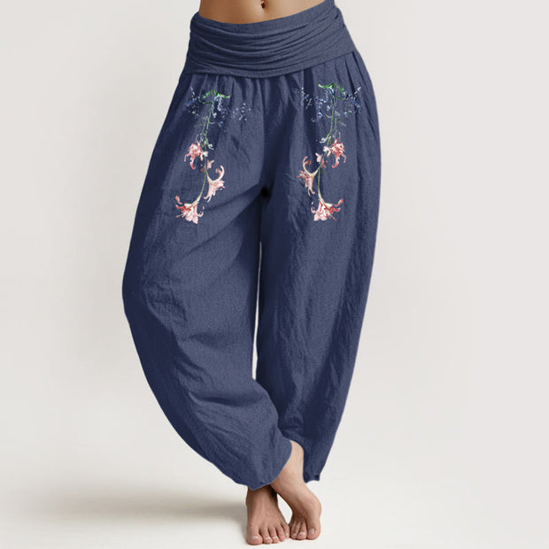 Buddha Stones Pure Cotton Simple Pastel Flower Pattern Women's Elastic Waist Harem Pants - DarkSlateBlue - US16，UK/AU20，EU48 (3XL) - image 5