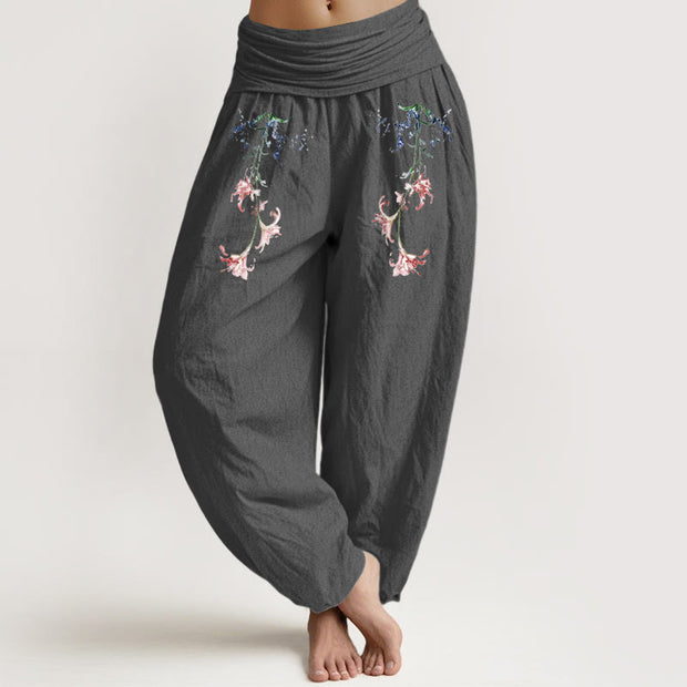 Buddha Stones Pure Cotton Simple Pastel Flower Pattern Women's Elastic Waist Harem Pants - DimGray - US16，UK/AU20，EU48 (3XL) - image 8