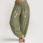 Buddha Stones Pure Cotton Simple Pastel Flower Pattern Women's Elastic Waist Harem Pants - OliveDrab - US16，UK/AU20，EU48 (3XL) - image 14