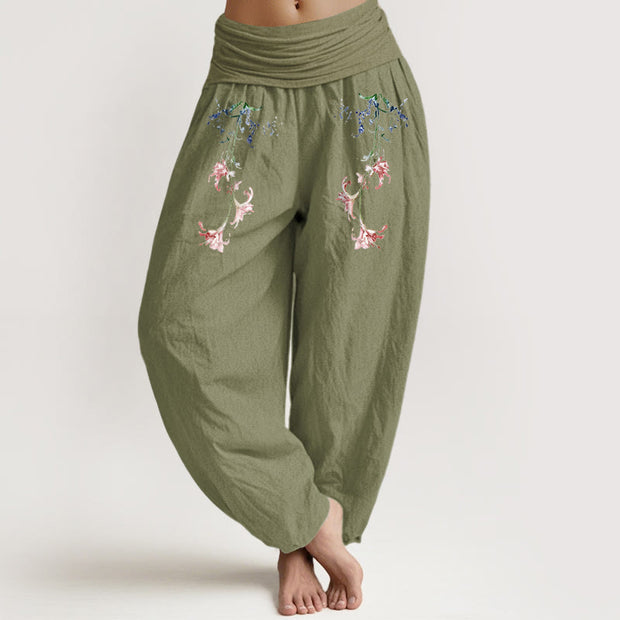 Buddha Stones Pure Cotton Simple Pastel Flower Pattern Women's Elastic Waist Harem Pants - OliveDrab - US16，UK/AU20，EU48 (3XL) - image 14