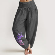 Buddha Stones Pure Cotton Pastel Butterfly Pattern Women's Elastic Waist Harem Pants - DimGray - US16，UK/AU20，EU48 (3XL) - image 0