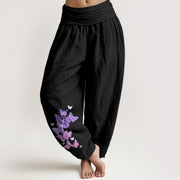 Buddha Stones Pure Cotton Pastel Butterfly Pattern Women's Elastic Waist Harem Pants - Black - US16，UK/AU20，EU48 (3XL) - image 5