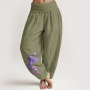Buddha Stones Pure Cotton Pastel Butterfly Pattern Women's Elastic Waist Harem Pants - OliveDrab - US16，UK/AU20，EU48 (3XL) - image 14
