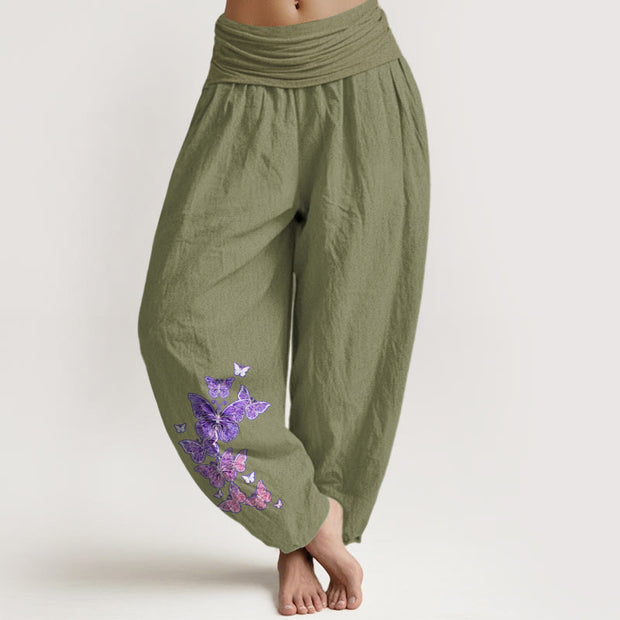 Buddha Stones Pure Cotton Pastel Butterfly Pattern Women's Elastic Waist Harem Pants - OliveDrab - US16，UK/AU20，EU48 (3XL) - image 14