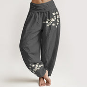 Buddha Stones Pure Cotton Simple Magnolia Flower Pattern Women's Elastic Waist Harem Pants - DimGray - US16，UK/AU20，EU48 (3XL) - image 0