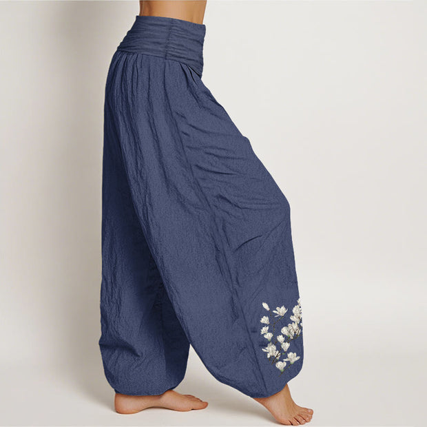 Buddha Stones Pure Cotton Simple Magnolia Flower Pattern Women's Elastic Waist Harem Pants - image 10