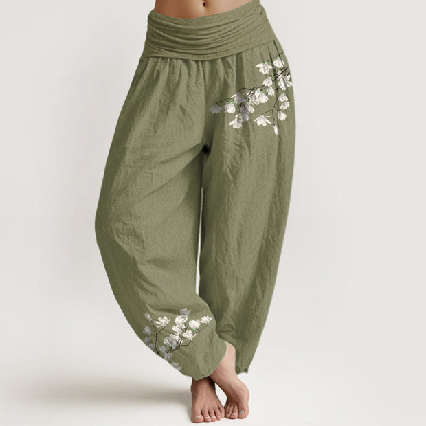 Buddha Stones Pure Cotton Simple Magnolia Flower Pattern Women's Elastic Waist Harem Pants - OliveDrab - US16，UK/AU20，EU48 (3XL) - image 14