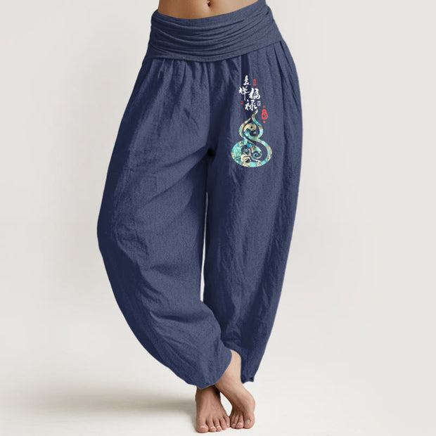 Buddha Stones Pure Cotton Chinese Characters Gourd Pattern Women's Elastic Waist Harem Pants - DarkSlateBlue - US16，UK/AU20，EU48 (3XL) - image 5