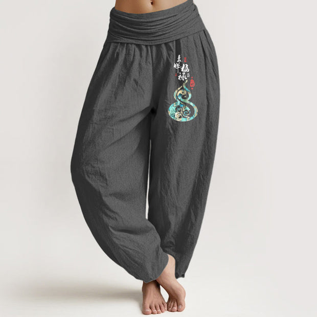 Buddha Stones Pure Cotton Chinese Characters Gourd Pattern Women's Elastic Waist Harem Pants - DimGray - US16，UK/AU20，EU48 (3XL) - image 8
