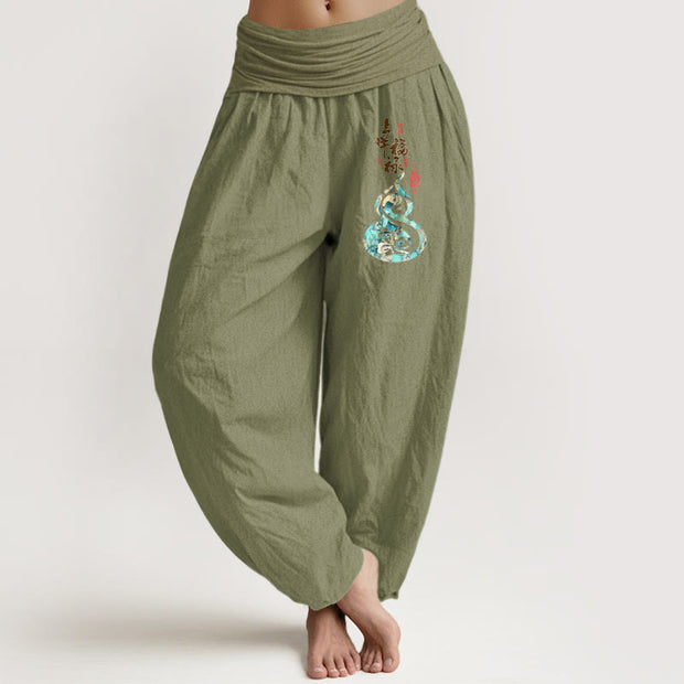 Buddha Stones Pure Cotton Chinese Characters Gourd Pattern Women's Elastic Waist Harem Pants - OliveDrab - US16，UK/AU20，EU48 (3XL) - image 14