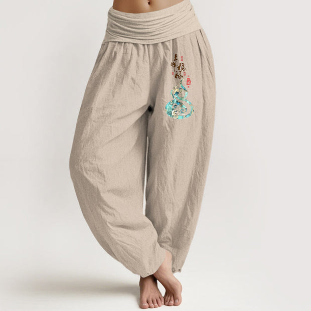 Buddha Stones Pure Cotton Chinese Characters Gourd Pattern Women's Elastic Waist Harem Pants - Tan - US16，UK/AU20，EU48 (3XL) - image 11