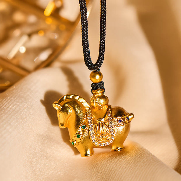 Buddha Stones Year Of The Horse 24k Gold Plated Brass Rope Cord Necklace Pendant - image 3