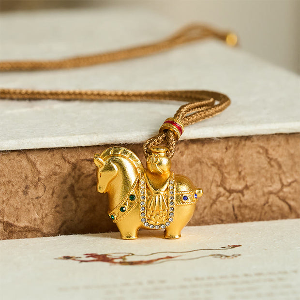 Buddha Stones Year Of The Horse 24k Gold Plated Brass Rope Cord Necklace Pendant - image 9