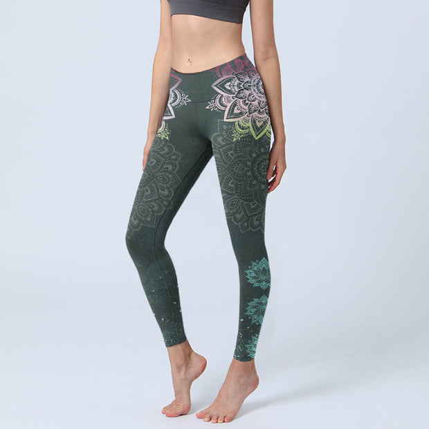 Buddha Stones Symmetry Mandalas Lotus Flowers Pattern Print Gym Leggings Women's Yoga Pants - DarkGreen - US18，UK/AU22，EU50 (4XL) - image 0
