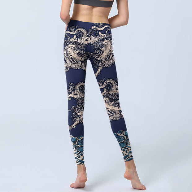Buddha Stones Symmetry Dragon Wave Pattern Print Gym Leggings Women's Yoga Pants - image 5