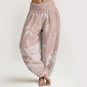 Buddha Stones Cotton Pink And White Lotus Women's Elastic Waist Harem Pants - DarkSalmon - US22，UK/AU26，EU54 (6XL) - image 0