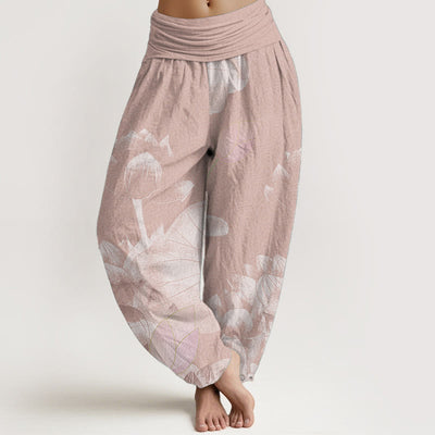 Buddha Stones Cotton Pink And White Lotus Women's Elastic Waist Harem Pants - DarkSalmon - US22，UK/AU26，EU54 (6XL) - image 0