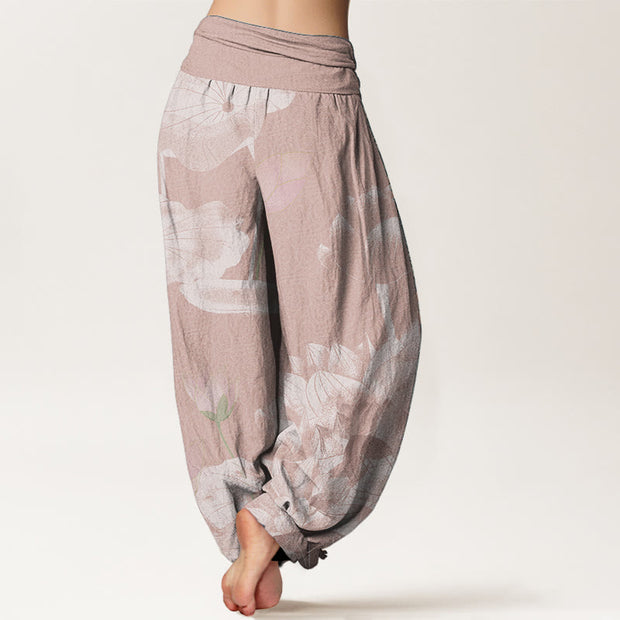 Buddha Stones Cotton Pink And White Lotus Women's Elastic Waist Harem Pants - image 1