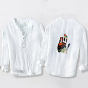 Buddha Stones Handprints Architecture Pattern Half Buttons Men's Cotton Linen Long Sleeve Shirt - image 8