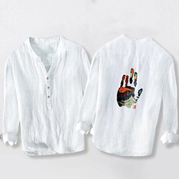 Buddha Stones Handprints Architecture Pattern Half Buttons Men's Cotton Linen Long Sleeve Shirt - image 8