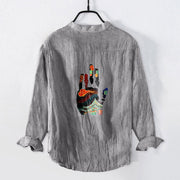 Buddha Stones Handprints Architecture Pattern Half Buttons Men's Cotton Linen Long Sleeve Shirt - Gray - US/UK/AU50，EU60 (5XL) - image 3