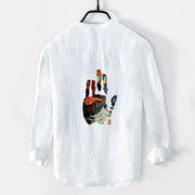 Buddha Stones Handprints Architecture Pattern Half Buttons Men's Cotton Linen Long Sleeve Shirt - White - US/UK/AU50，EU60 (5XL) - image 6