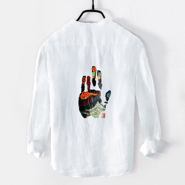 Buddha Stones Handprints Architecture Pattern Half Buttons Men's Cotton Linen Long Sleeve Shirt - White - US/UK/AU50，EU60 (5XL) - image 6