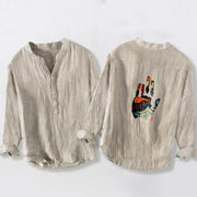 Buddha Stones Handprints Architecture Pattern Half Buttons Men's Cotton Linen Long Sleeve Shirt - image 2