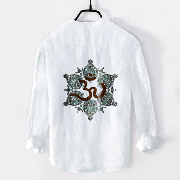 Buddha Stones Om Symbol Symmetrical Mandala Pattern Half Buttons Men's Cotton Linen Long Sleeve Shirt - image 8