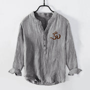 Buddha Stones Om Symbol Symmetrical Mandala Pattern Half Buttons Men's Cotton Linen Long Sleeve Shirt - image 4