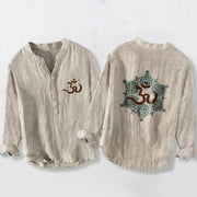 Buddha Stones Om Symbol Symmetrical Mandala Pattern Half Buttons Men's Cotton Linen Long Sleeve Shirt - Linen - US/UK/AU50，EU60 (5XL) - image 0
