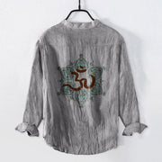 Buddha Stones Om Symbol Symmetrical Mandala Pattern Half Buttons Men's Cotton Linen Long Sleeve Shirt - image 5