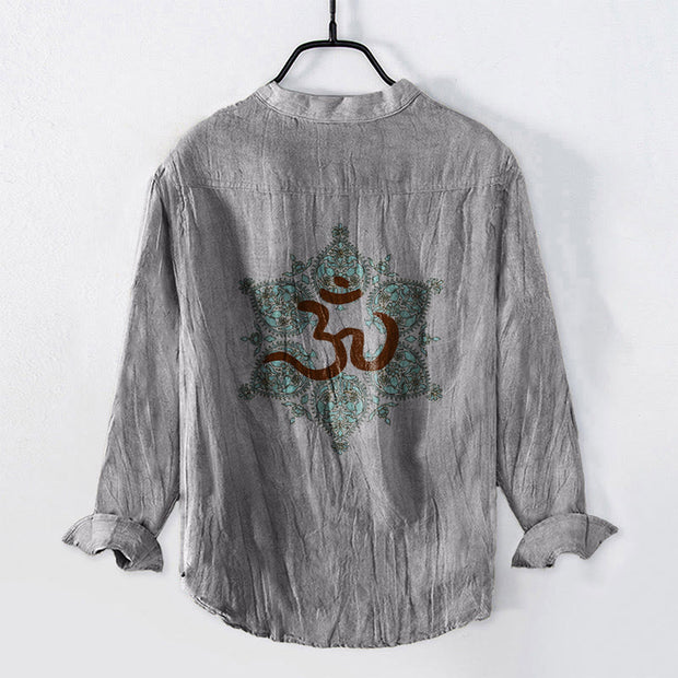 Buddha Stones Om Symbol Symmetrical Mandala Pattern Half Buttons Men's Cotton Linen Long Sleeve Shirt - image 5