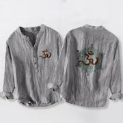 Buddha Stones Om Symbol Symmetrical Mandala Pattern Half Buttons Men's Cotton Linen Long Sleeve Shirt - Gray - US/UK/AU50，EU60 (5XL) - image 3